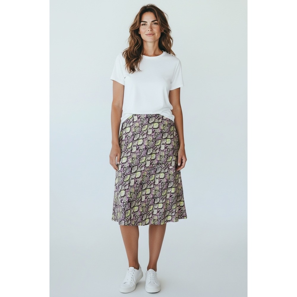 Leith Snake Print Midi A-Line Bold Skirt Pink Yellow Black Brown Women's M